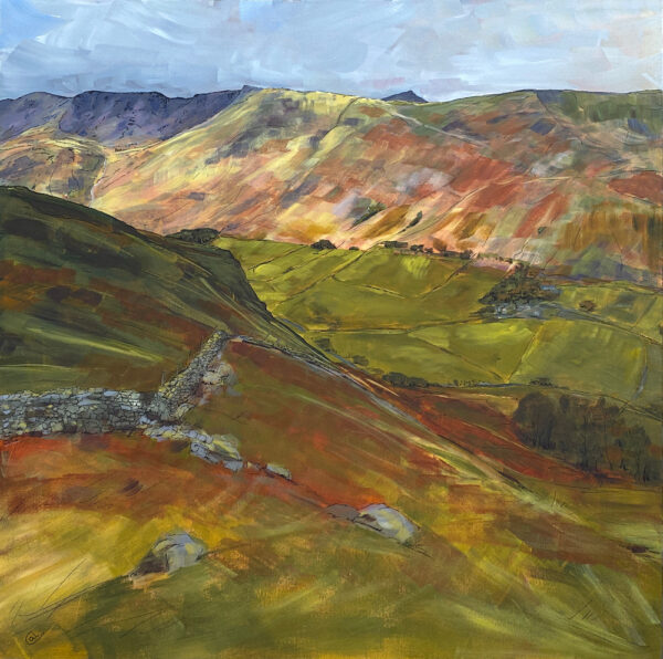 lake district art original acrylic painting on canvas by cally lawson a high view from the fells around patterdale into the valley with beautiful bright sunlight on the facing mountains and green fields