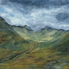 lake district art by cally lawson original acrylic painting on canvas of brown cove near helvellyn striding edge ullswater moody skies and flowing lines