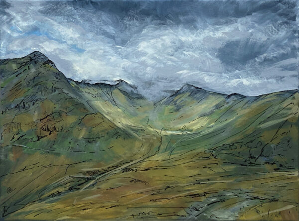 lake district art by cally lawson original acrylic painting on canvas of brown cove near helvellyn striding edge ullswater moody skies and flowing lines