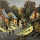 Joys of Snow an original oil painting by Richard Telford. A classic winter scene of a charming countryside village. Two children are playing in the snow during the last moments of light.