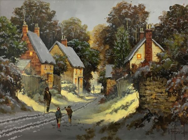 Joys of Snow an original oil painting by Richard Telford. A classic winter scene of a charming countryside village. Two children are playing in the snow during the last moments of light.