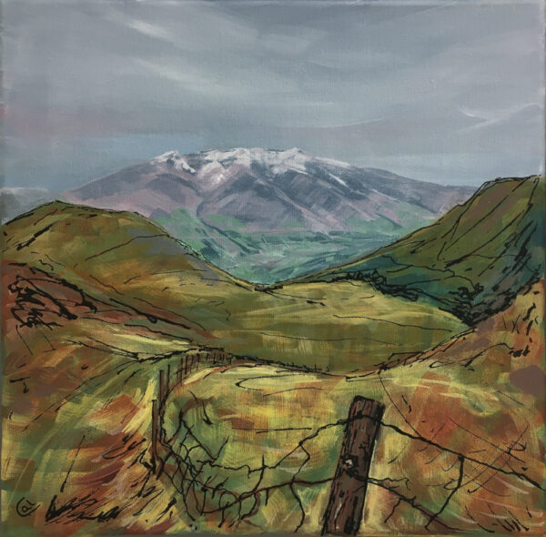 Lake District art by Cally Lawson. Snow on Saddleback Blencathra is an original acrylic painting looking across the fells to the popular mountain near Keswick.