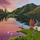 Lake District art by Anne Blundell. BBQ with friends is an acrylic painting featuring an early autumn landscape in a bright and vibrant naïve style.