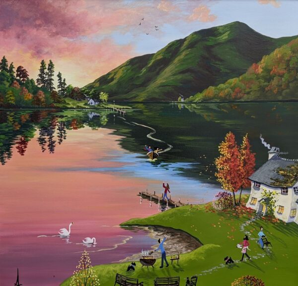 Lake District art by Anne Blundell. BBQ with friends is an acrylic painting featuring an early autumn landscape in a bright and vibrant naïve style.