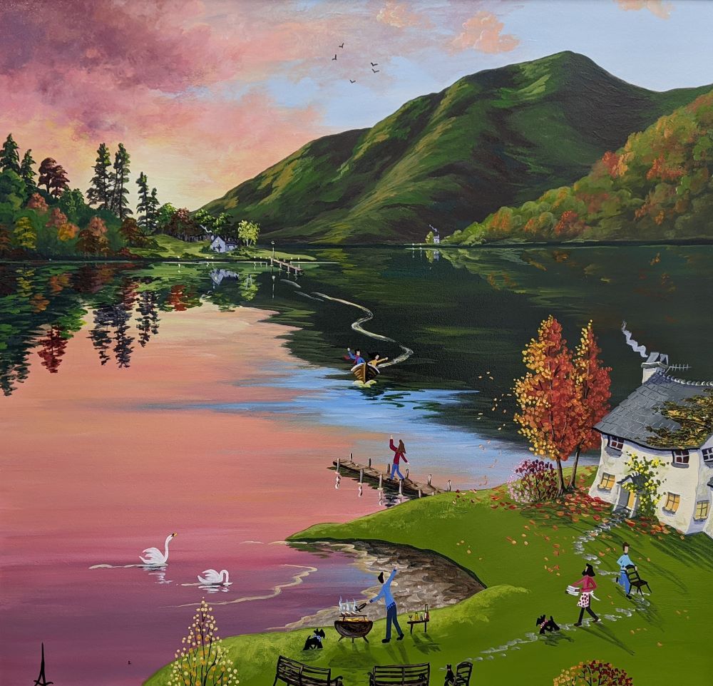 Sunset BBQ With Friends By Anne Blundell Lake District art by Anne Blundell. BBQ with friends is an acrylic painting featuring an early autumn landscape in a bright and vibrant naïve style.