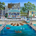 lake district art by anne blundell featuring a view of the pier cafe at waterhead windermere ambleside original acrylic bibrant naive painting by anne blundell