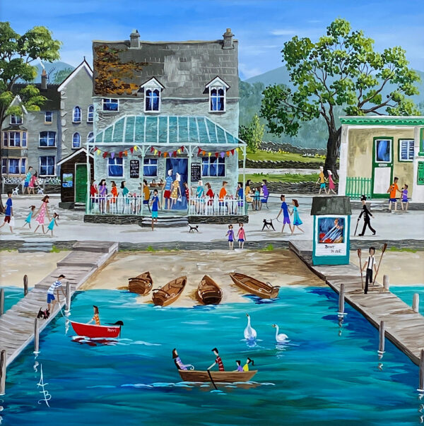 lake district art by anne blundell featuring a view of the pier cafe at waterhead windermere ambleside original acrylic bibrant naive painting by anne blundell