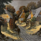 original oil painting lake district art richard telford evening stroll in snowy lane with dog