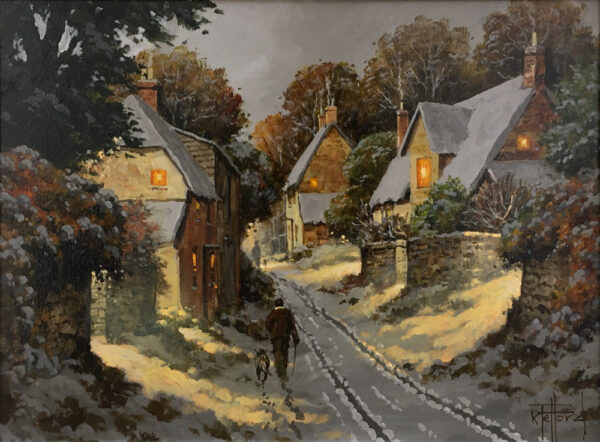 original oil painting lake district art richard telford evening stroll in snowy lane with dog