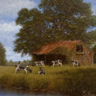 lake district art original oil painting by edward hersey featuring an idyllic rural england farm scene with jersey cows a huge oak tree and falling down barns