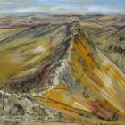 lake district art print by local artist Cally Lawson. The view of Striding Edge from Helvellyn with Red Tarn out of frame to the left. A contemporary print from her mixed media original