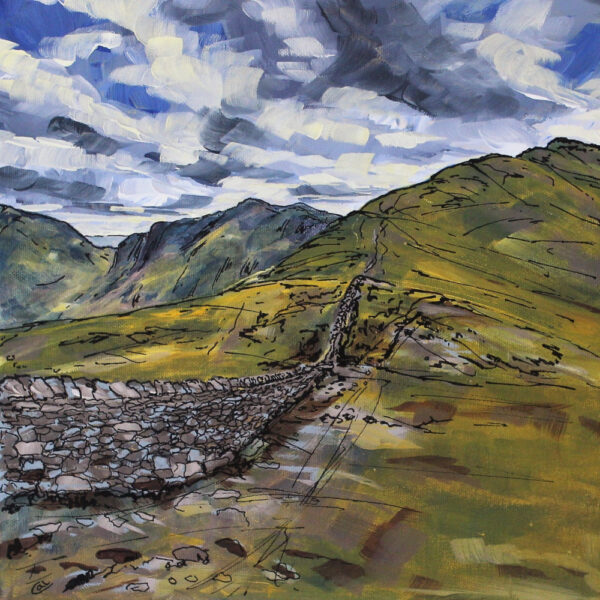 lake district art limited edition fine art print from originalacrylic painting of hole in the wall en route to striding edge and helvellyn in bright summer colours with great skies