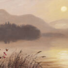 Lake District art print A Misty Morning at Derwentwater by Jeff Sudders. A soft panorama of the lake with the morning sun above the mountains.