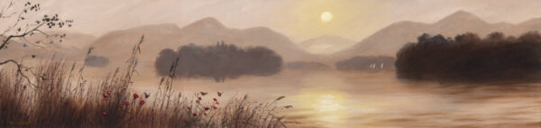 Lake District art print A Misty Morning at Derwentwater by Jeff Sudders. A soft panorama of the lake with the morning sun above the mountains.