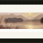 Lake District art framed print A Misty Morning at Derwentwater by local artist Jeff Sudders in a black frame.
