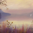 Lake District art print Dawn at Ullswater by local artist Jeff Sudders. Warm tones of sunlight over Ullswater with hazy mountains and wildflowers.