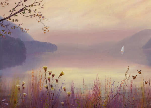 Lake District art print Dawn at Ullswater by local artist Jeff Sudders. Warm tones of sunlight over Ullswater with hazy mountains and wildflowers.