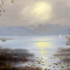 Lake District art print A Misty Morning at Windermere by local artist Jeff Sudders. Soft sunlight falls accross the lake with Langdale Pikes and mountains in the distance.