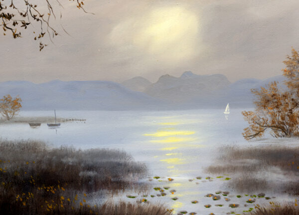 Lake District art print A Misty Morning at Windermere by local artist Jeff Sudders. Soft sunlight falls accross the lake with Langdale Pikes and mountains in the distance.