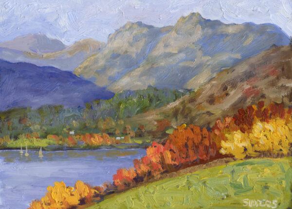 Lake District art print of Windermere by local artist Jeff Sudders. Mountains and Langdale Pikes with the lake and colourful trees and fields in the foreground.