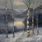 Lake District art Winter Stroll by local artist Jeff Sudders. A couple walk through a snowy moonlit wood by a lake.