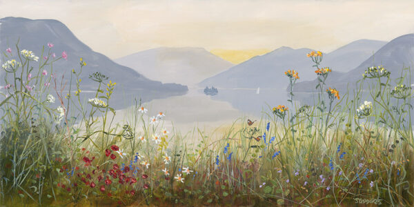 Lake District art by Jeff Sudders. Open Edition Giclee Print A New Day at Ullswater features the view near aira force including silver point - birkhouse moor - place fell - grisedale in summer