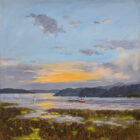 lake district art original oil painting on canvas by local artist jeff sudders a view of waterhead with sailing boats and a grand open sunset sky with blues and oranges
