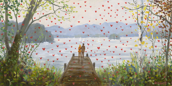 Lake District art by Jeff Sudders. Love is in the Air Windermere features a couple on a jetty overlooking the lake and mountains towards Ambleside surrounded by falling red love hearts.