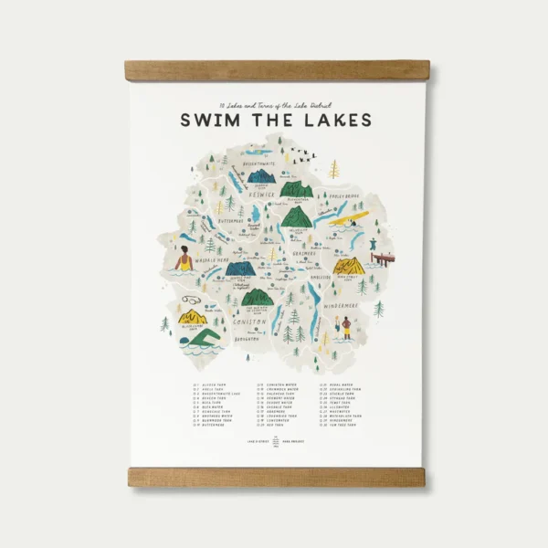 Swim the lakes map checklist by Oldfield design co created in Cumbria.