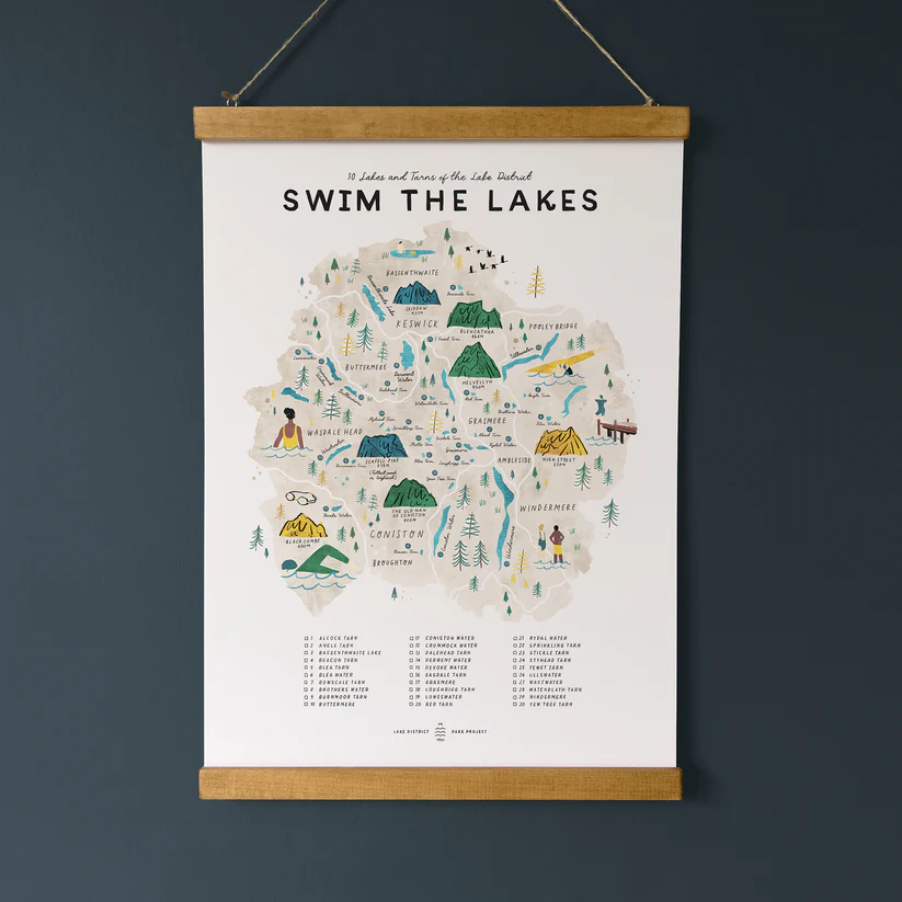 Swim the lakes map checklist by Oldfield design co created in Cumbria.