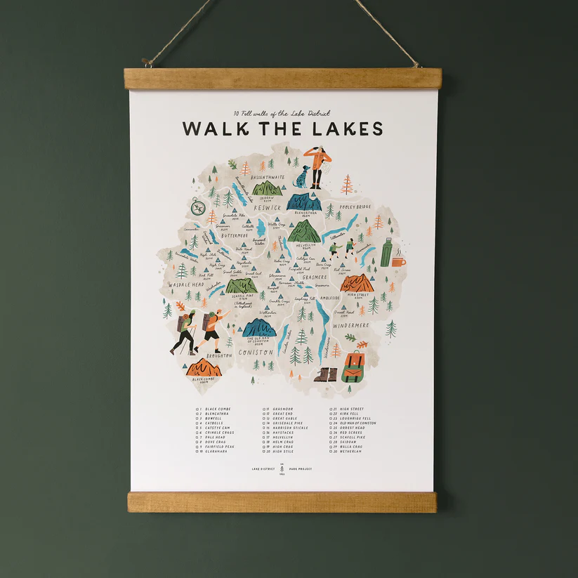 Walk the lakes map checklist by Oldfield design co created in Cumbria.