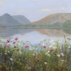 Lake District art by Jeff Sudders. Open Edition Giclee Print Summer Splendour Grasmere featuring Helm Crag - Dunmail Raise - Lonscale Fell and Seat Sandal with flowers in the foreground