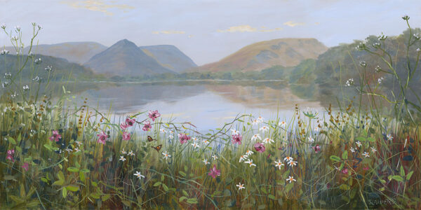 Lake District art by Jeff Sudders. Open Edition Giclee Print Summer Splendour Grasmere featuring Helm Crag - Dunmail Raise - Lonscale Fell and Seat Sandal with flowers in the foreground