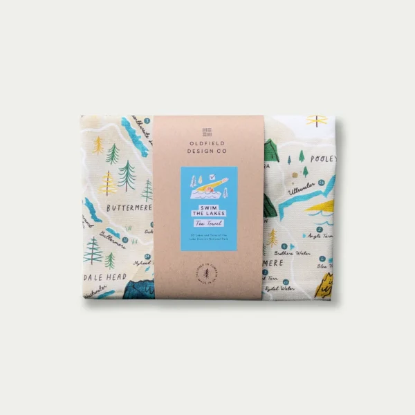 Swim the lakes tea towel by Oldfield design co created in Cumbria.