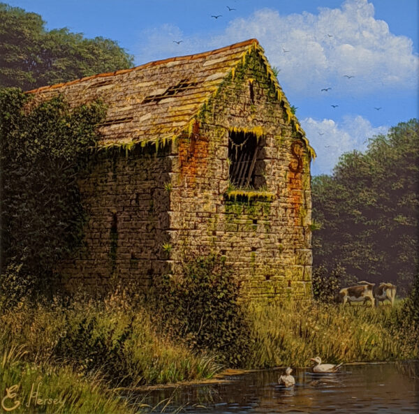 lake district art original painting by edward hersey oil on board of old farm buildings in rural english countryside in summer sunshine