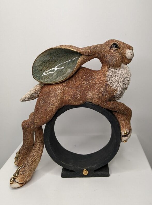 Large Reclining Hare on Hoop by Gin Durham Ceramic Hare sculpture handmade by Gin Durham