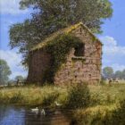 lake district art original oil painting by edward hersey of rural english countryside landscape with farm barns and wildlife ducks by the river in summer