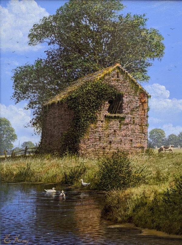 lake district art original oil painting by edward hersey of rural english countryside landscape with farm barns and wildlife ducks by the river in summer