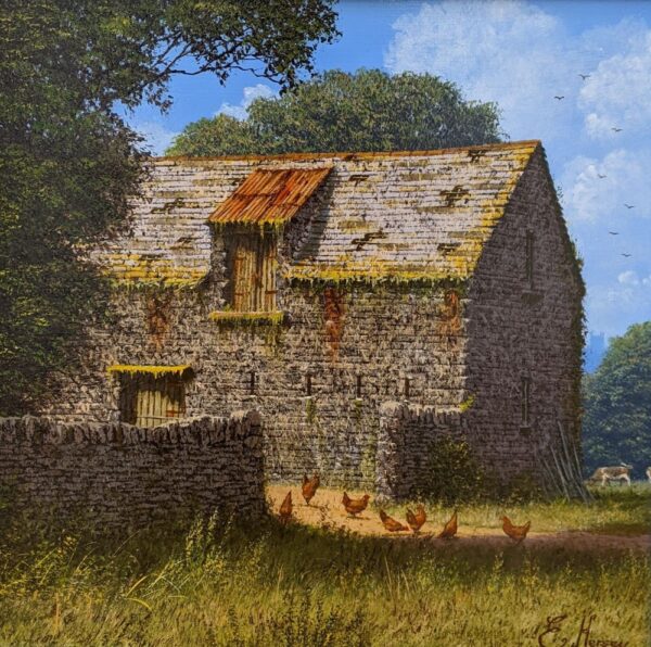 lake district art original oil painting by edward hersey featuring a countryside scene in summer of rural english farm culture with an old barn and chickens