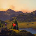 lake district art by david renshaw of The Langdale Pikes (from left to right Pike O'Stickle Loft Crag Thorn Crag Harrison Stickle and Pavey Ark) in the distance Lingmoor Fell and Blea Tarn