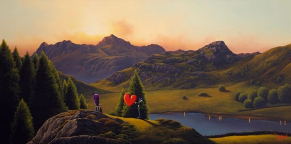 lake district art by david renshaw of The Langdale Pikes (from left to right Pike O'Stickle Loft Crag Thorn Crag Harrison Stickle and Pavey Ark) in the distance Lingmoor Fell and Blea Tarn