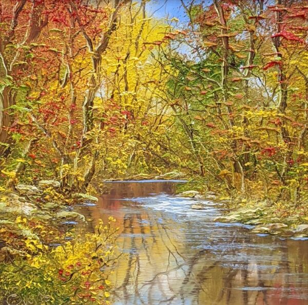 lake district art original oil painting by terry evans an autumnal woodland scene alongside a gently flowing river with rich leaf colour