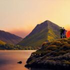 lake district art by david renshaw of Buttermere with Fleetwith Pike and the slopes of Robinson to the left. Ted and doris take in the view with their dog a big red love heart