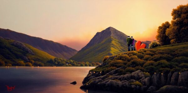 lake district art by david renshaw of Buttermere with Fleetwith Pike and the slopes of Robinson to the left. Ted and doris take in the view with their dog a big red love heart
