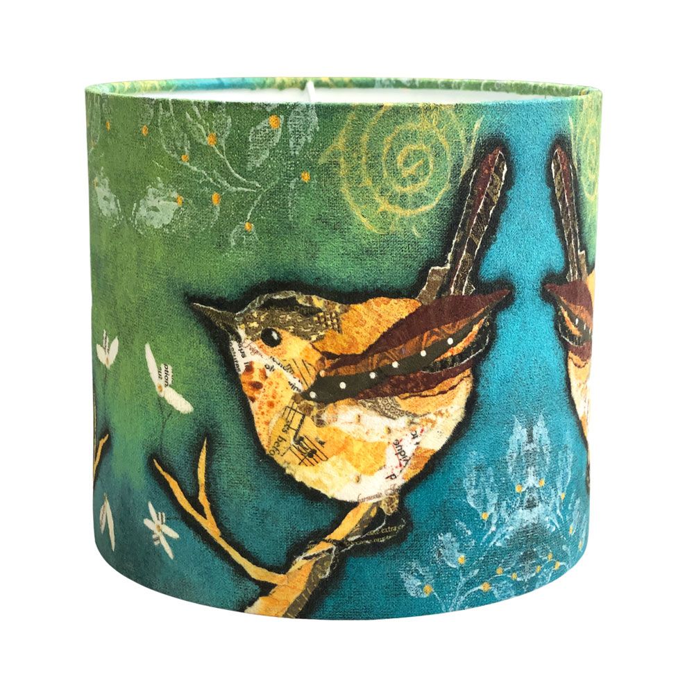 Wren on Aqua Lampshade by Dawn Maciocia Handmade lampshade by artist Dawn Maciocia