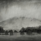 lake district art original mixed media and charcoal painting by local artist daniel cooper featuring a moody bad weather view of blencathra from castlerigg stone circle near keswick