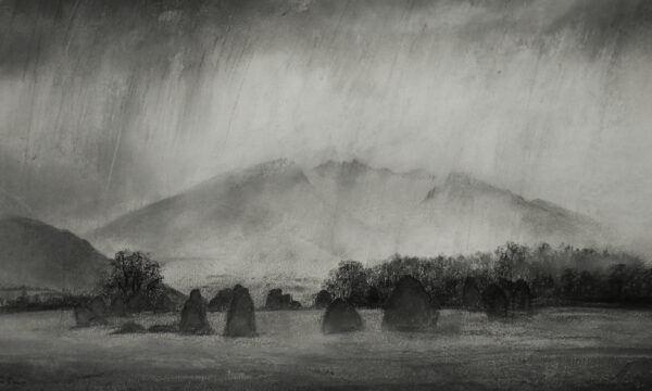 lake district art original mixed media and charcoal painting by local artist daniel cooper featuring a moody bad weather view of blencathra from castlerigg stone circle near keswick