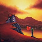 Lake District art by David Renshaw. An oil painting continuation of his Northern Romance series featuring Ted and doris with red heart fells lake house cliff and burning orange skies