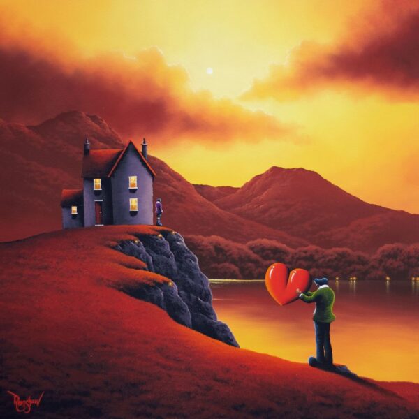 Lake District art by David Renshaw. An oil painting continuation of his Northern Romance series featuring Ted and doris with red heart fells lake house cliff and burning orange skies
