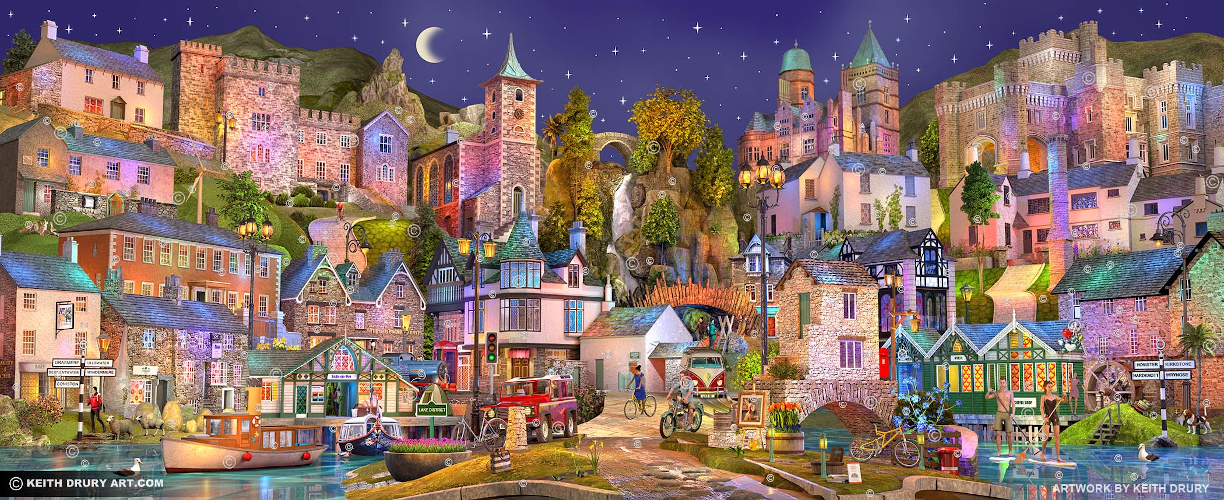 Keith Drury - Lake Landing lake district art 3D model painting by irish artist keith drury featuring dozens of well known landmarks like Bridge House, Wordsworth, Moot Hall and Wray Castle ina vibrant colourful display